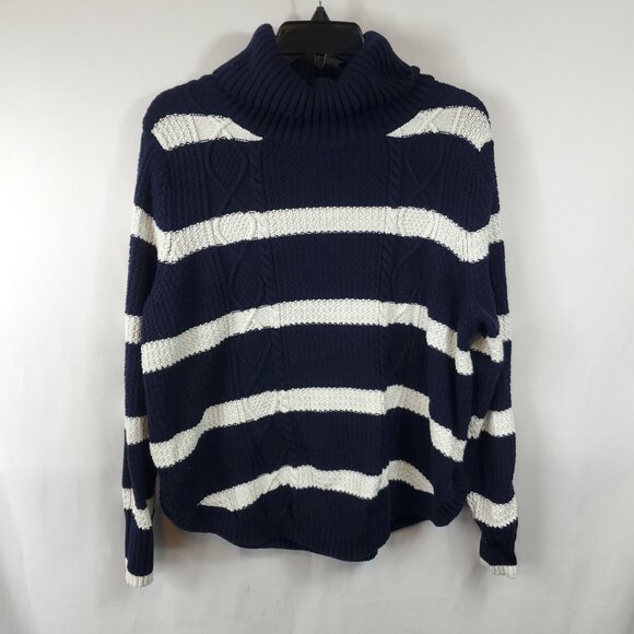 Gap Chunky Knit Turtleneck Navy Blue White Stripe Lng Slv Sweater Sz XL - Picture 1 of 12